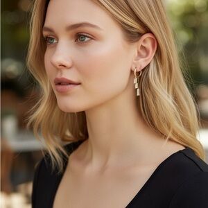 14K Gold CZ Huggie Hoop Earrings Baguette Dangle Drops